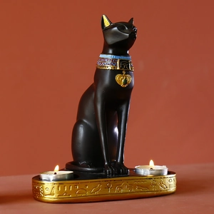Exotic Egyptian Bastet cat statue resin candle holder with golden hieroglyphic base