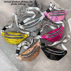 Detailed view of six colorful laser reflective waist bags with adjustable white straps