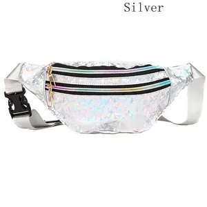Detail of silver laser waist bag with geometric texture and dual zipper compartments