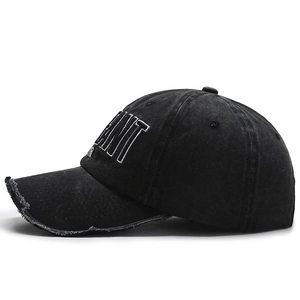 Washed black vintage denim baseball cap with white GIANT embroidery and frayed brim detail