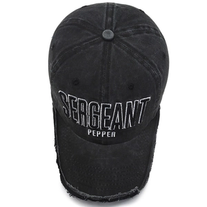 Distressed black washed denim baseball cap with Sergeant Pepper white embroidery
