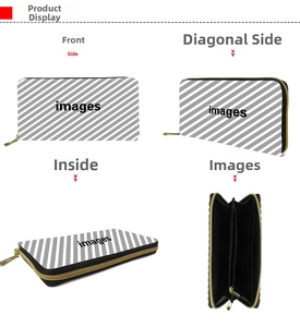 Detailed view of striped long wallet showing gold zipper and multiple interior card slots