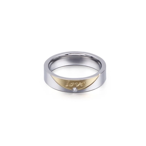 Two-tone silver and gold stainless steel ring engraved with Love and a small zircon
