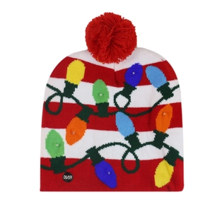 Detail view of the ON/OFF power button and built-in LED lights on the knit Christmas hat