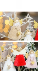 Close-up of plush Christmas angel ornaments with glitter wings and wooden heads