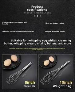 Size specifications and dimensions for 8 and 10-inch stainless steel egg whisks