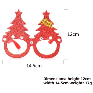 Dettaglio occhiali albero di Natale con paillettes rosse, scritta Merry Christmas e misure