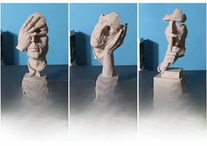 Three-piece set of sandstone texture resin statues with dimensions and model details