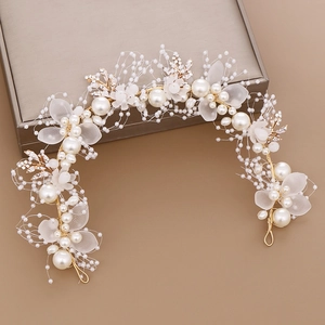 Elegant bridal hair vine with faux pearls and crystal leaves on gold wire headpiece