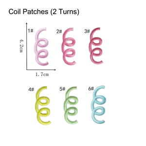 Detail of colorful spiral spring embroidered patches showing 4.2cm x 1.7cm dimensions