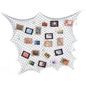 Blue Mediterranean decorative fishing net with photo frames and wooden clips for wall decor