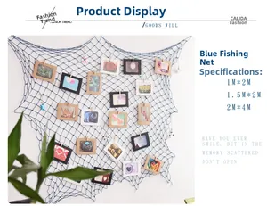 Detail showing blue cotton fishing net wall decor with clips and size options for photos