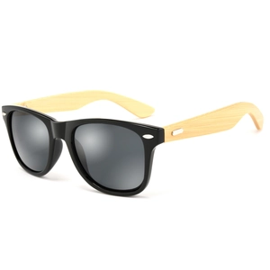 Classic black retro sunglasses with natural bamboo wood temples and dark grey lenses