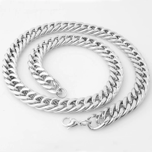 Detail shot of a silver Cuban chain necklace with high-polish finish and lobster clasp