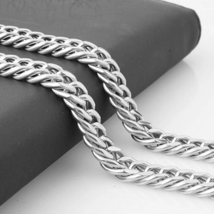 Detailed macro view of the silver double buckle chain link texture for men