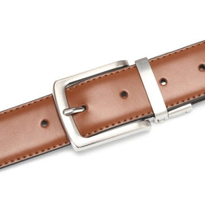Men's double-sided genuine leather belt with a rotating silver square metal buckle