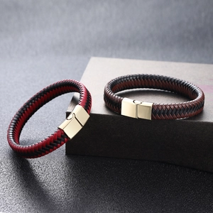 Handwoven leather bracelet for men with magnetic metal clasp in red and brown colors