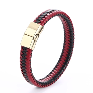 Men's retro braided leather bracelet in red and black with a golden magnetic clasp
