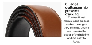 Macro detail of brown leather belt showing dual stitching and hand-painted edges