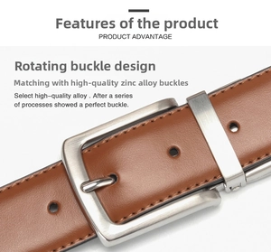 Detail of a brown leather belt featuring a silver rotating zinc alloy buckle and stitching