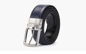Detail of blue leather belt with reversible black side and silver rotating buckle