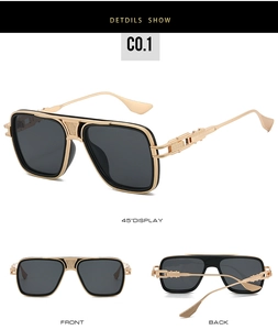 Detail view of square metal aviator sunglasses with industrial hollow temples