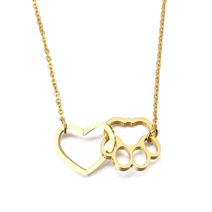 Golden heart and paw print interlocking necklace made of durable titanium steel