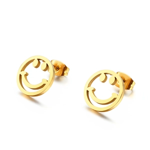 Minimalist gold hollow smiley face earrings for women on a clean white background