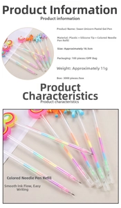 Detail view of colorful gel pens with cute 3D unicorn topper and rainbow silicone caps