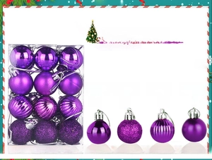 Detail of 24 purple Christmas balls showing shiny, glitter, matte, and ribbed textures