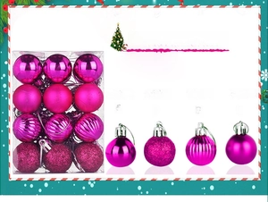 Detailed set of 24 rose red Christmas balls featuring shiny, glitter, ribbed, and matte finishes