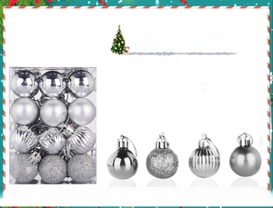 Detailed view of silver 24-piece Christmas ball ornaments set with diverse textures