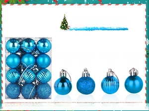 Detail of 24 lake blue Christmas balls in shiny, glitter, matte and pumpkin textures