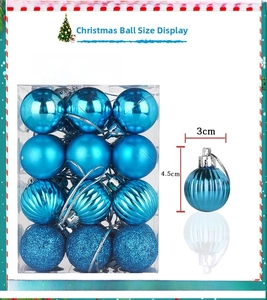 Detail of 24 blue Christmas balls with shiny, matte, and glitter textures, 3cm diameter