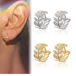 Elegant gold and silver leaf hoop earrings with cubic zirconia stones for women