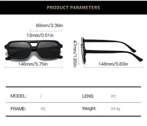Detailed size chart showing dimensions of stylish square aviator sunglasses in millimeters