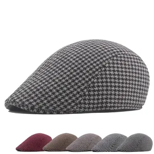 Houndstooth Newsboy Cap Cotton Polyester British Retro Ivy Flat Hat Warm Short Brim Autumn Winter Casual Fashion Headwear