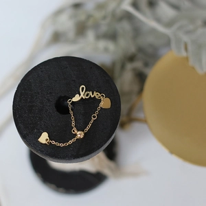 Adjustable 14K gold-plated titanium chain ring with love script and heart accents