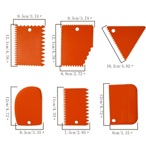 Detailed view of 6-piece orange plastic cake scraper set with precise size measurements