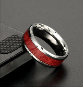 Polished titanium steel ring for men with mahogany wood inlay and minimalist mirror finish