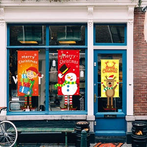 Three-piece Christmas hanging banners featuring elves, snowmen, and reindeer designs