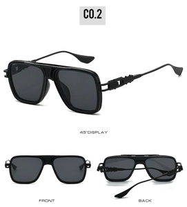 Three-view detail of square sunglasses featuring a double-bridge frame and grey lenses