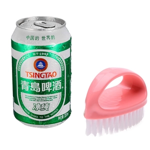 Pink egg-shaped laundry brush with soft white bristles and ergonomic handle design