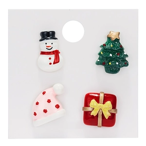 Set aus vier Weihnachts-Acrylbroschen mit Schneemann-, Baum-, Hut- und Geschenkbox-Motiven