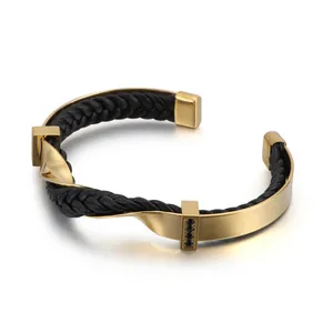 Bracciale A Polsino Acciaio Inossidabile Pelle Intrecciata Design Torsione Strass Neri Stile Industriale Unisex