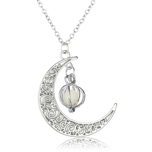 Luminous moon pumpkin pendant necklace with silver hollow design and glow stone