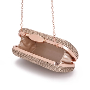 Champagne woven clutch bag with rose gold metal frame and chain strap for evening events