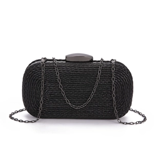Elegant black woven clutch evening bag with dark gunmetal chain strap for women