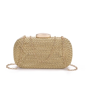 Elegant gold woven evening clutch bag with metal chain strap and top clasp on white background