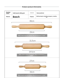 Size chart for solid beech wood rolling pins with various dimensions and weights